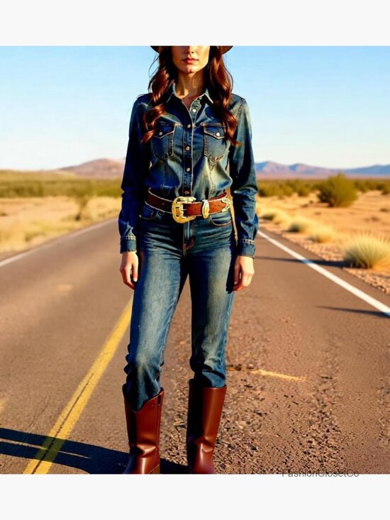 Faux PU Leather Western Belt with Double Prong Buckle for Cowgirl